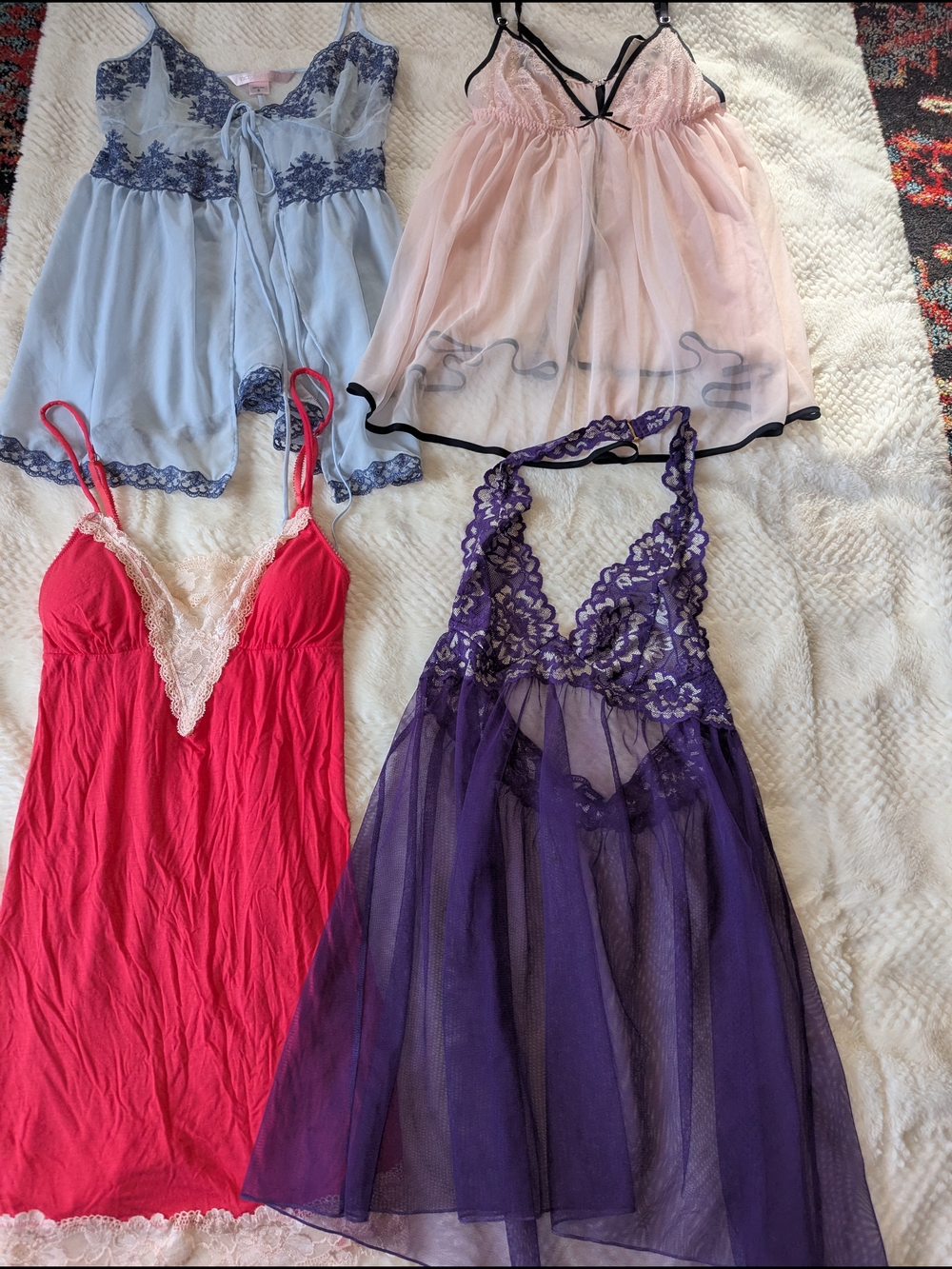 Victoria's Secret Sheer Chemise Set in Blue, Pink, Red, Purple